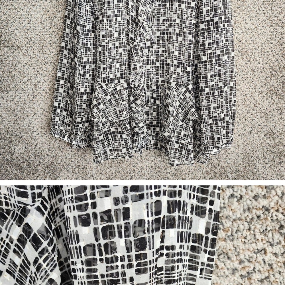 Chicos Womens 3 US XL Blouse Printed Ruffle Long Sleeve Sheer Black White Casual